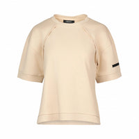 Stone beige short sleeve tee with relaxed fit and black sleeve detail, front view