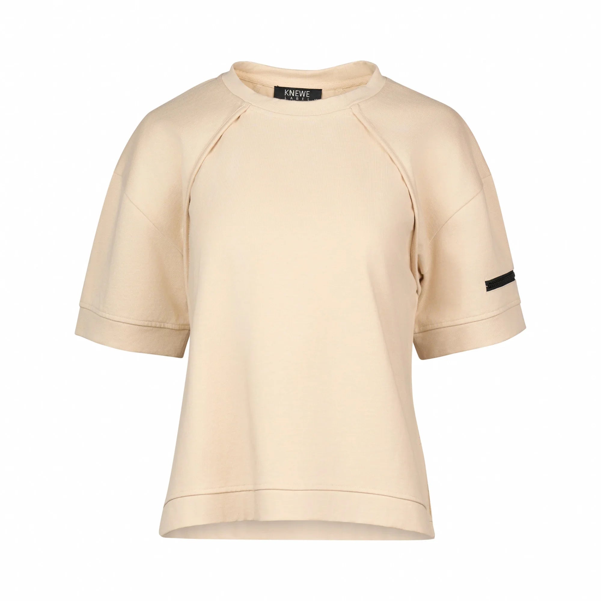 Stone beige short sleeve tee with relaxed fit and black sleeve detail, front view