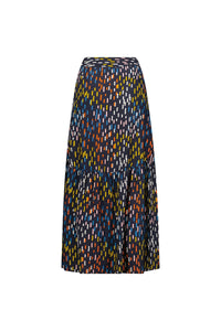 Back view of a navy midi skirt with colorful abstract dash print and gathered hem detail