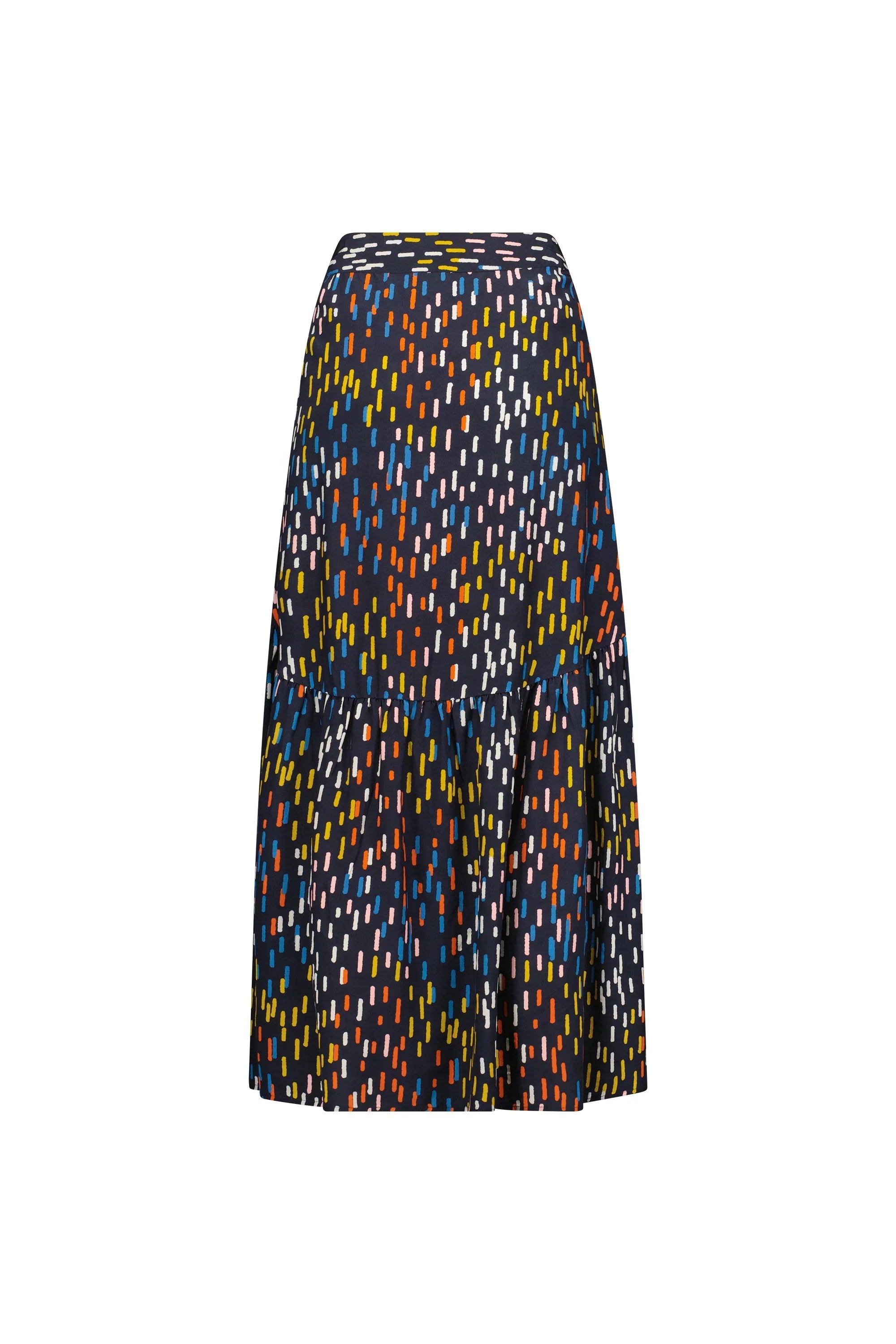 Back view of a navy midi skirt with colorful abstract dash print and gathered hem detail