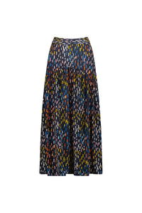 Navy midi skirt with colorful abstract dash print, contemporary New Zealand fashion