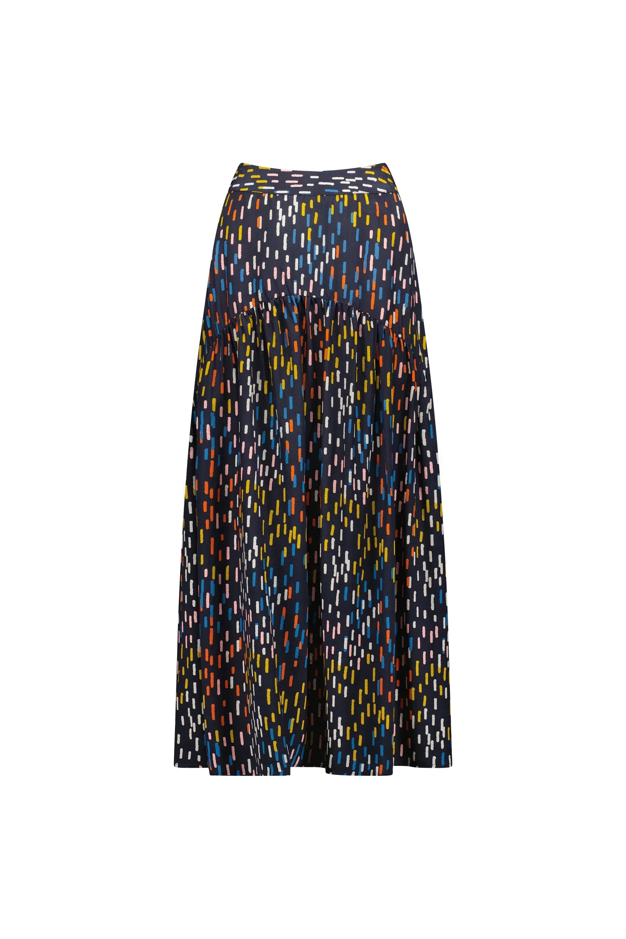 Navy midi skirt with colorful abstract dash print, contemporary New Zealand fashion