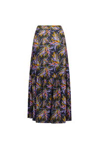 Back view of a midi skirt with abstract floral print in purple, orange, and yellow tones