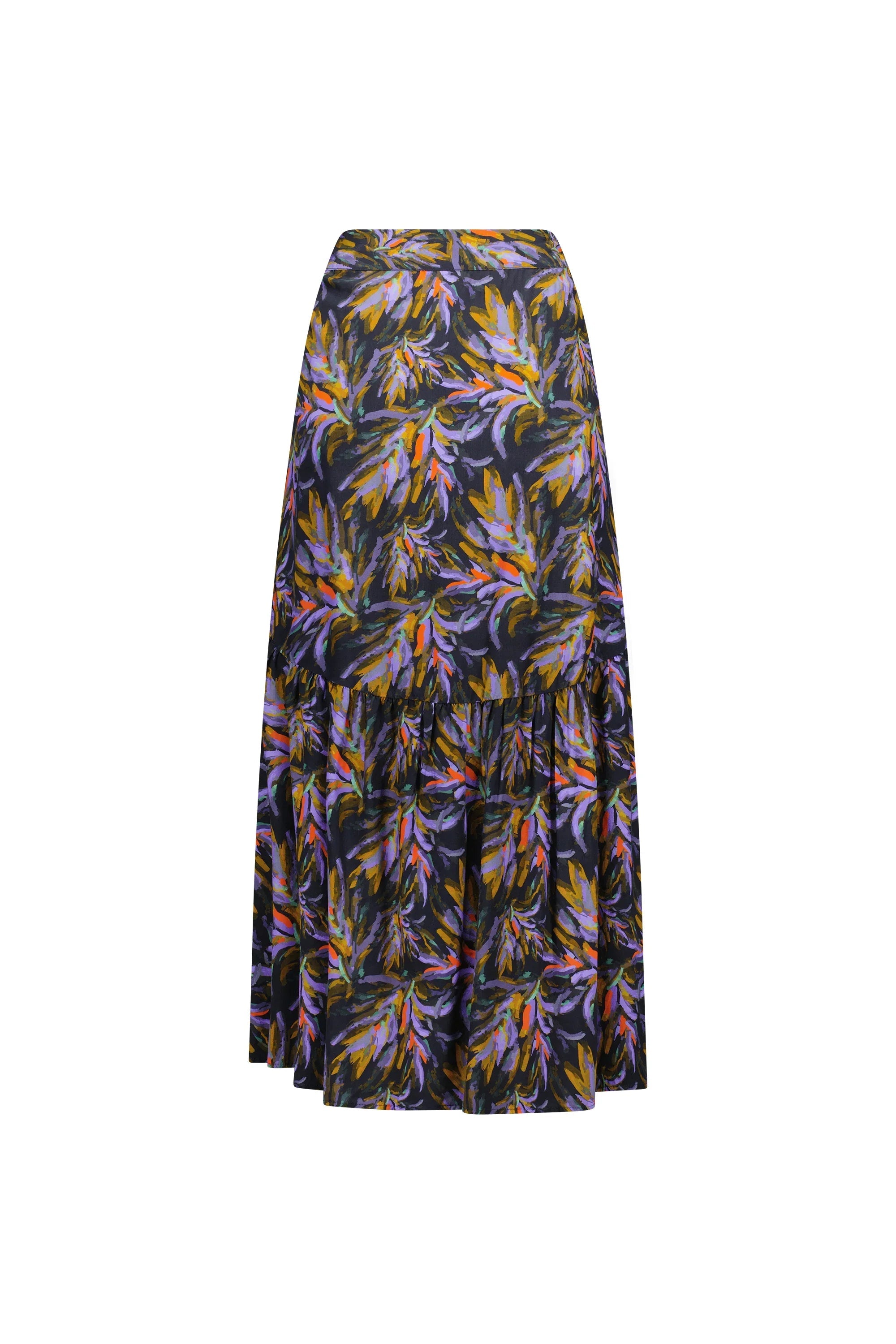 Back view of a midi skirt with abstract floral print in purple, orange, and yellow tones