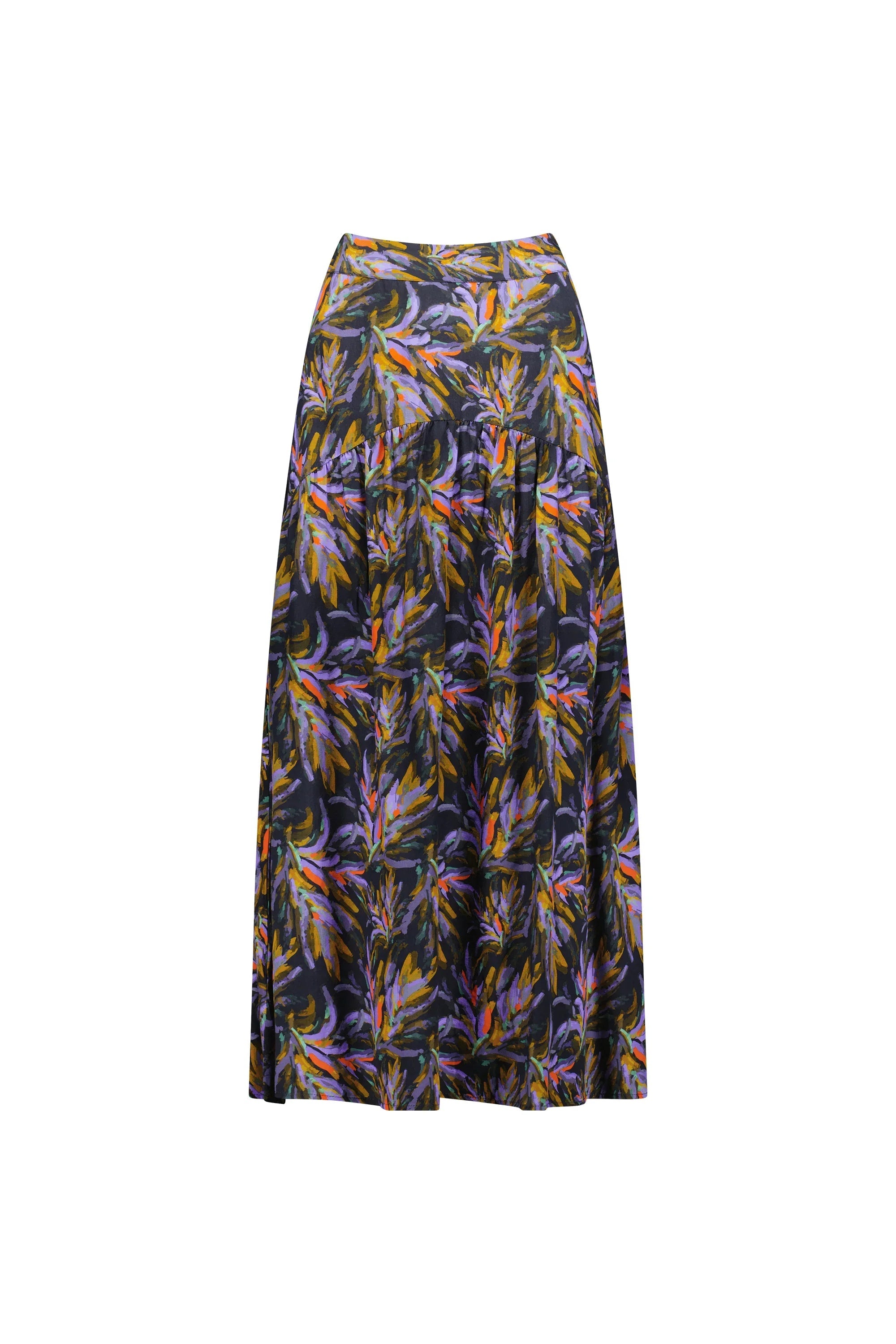 A-line midi skirt with colorful botanical print in purple, orange, and yellow on dark fabric