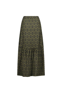 Back view of a midi skirt with olive green and black geometric diamond pattern.