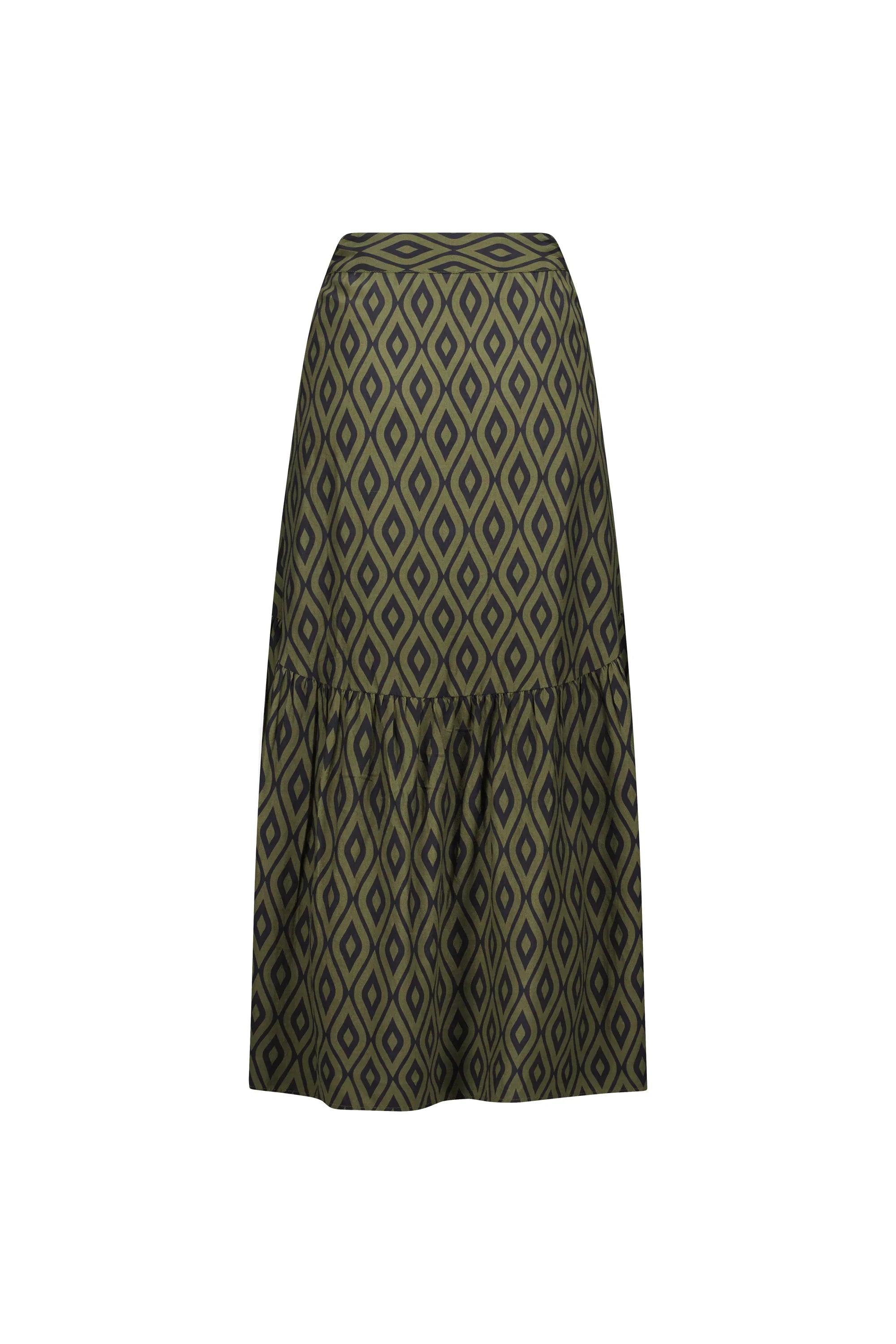Back view of a midi skirt with olive green and black geometric diamond pattern.