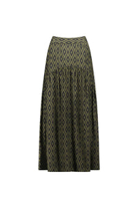 A-line midi skirt with olive and black geometric diamond pattern on white background