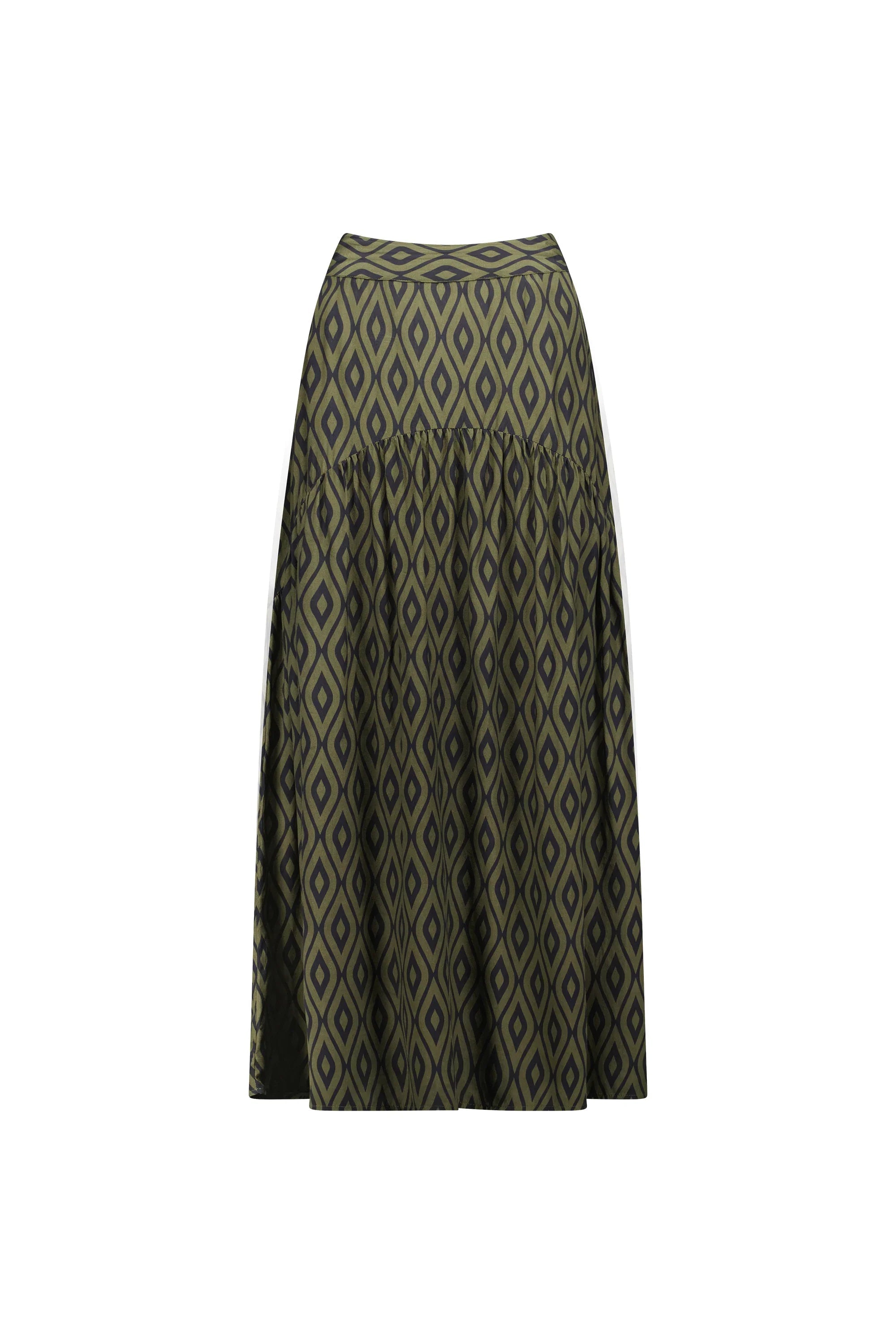 A-line midi skirt with olive and black geometric diamond pattern on white background