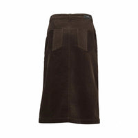 Back view of a dark brown corduroy midi skirt with pockets on a white background