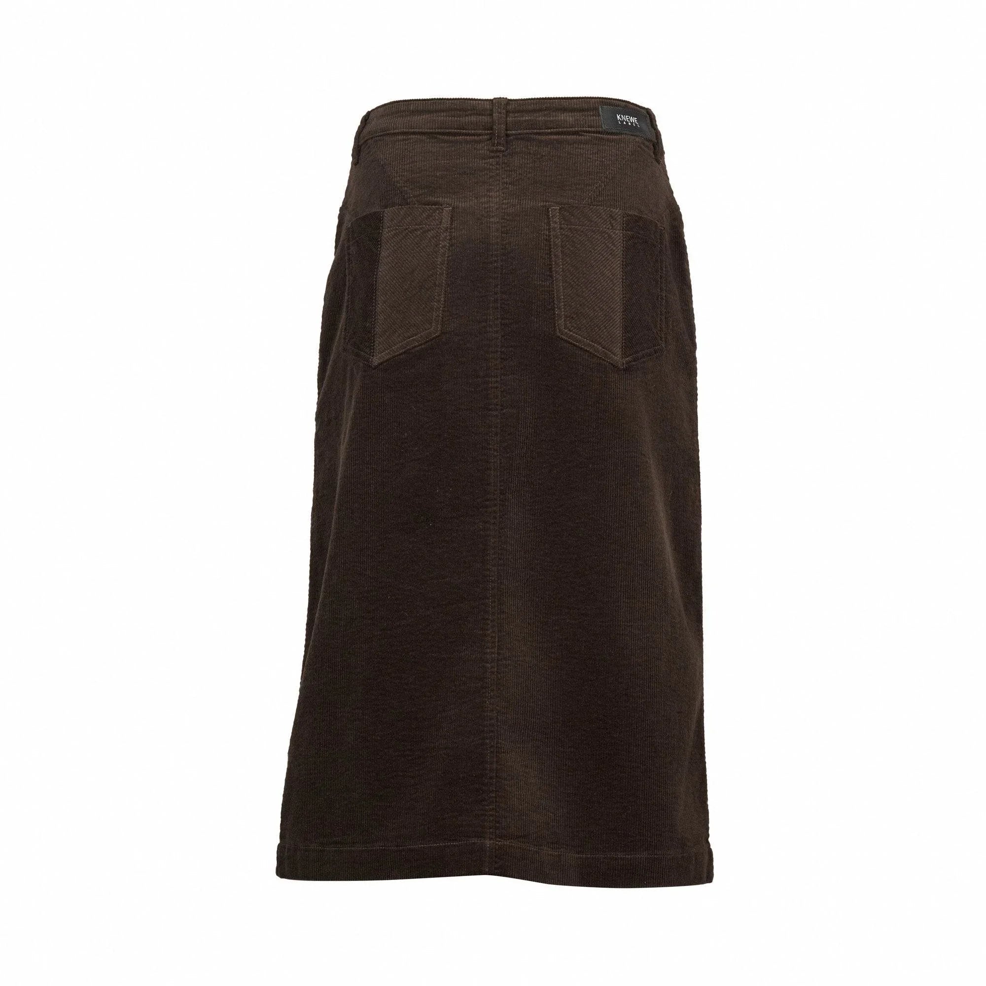 Back view of a dark brown corduroy midi skirt with pockets on a white background