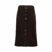 Black corduroy midi skirt with front button closure and belt loops on white background