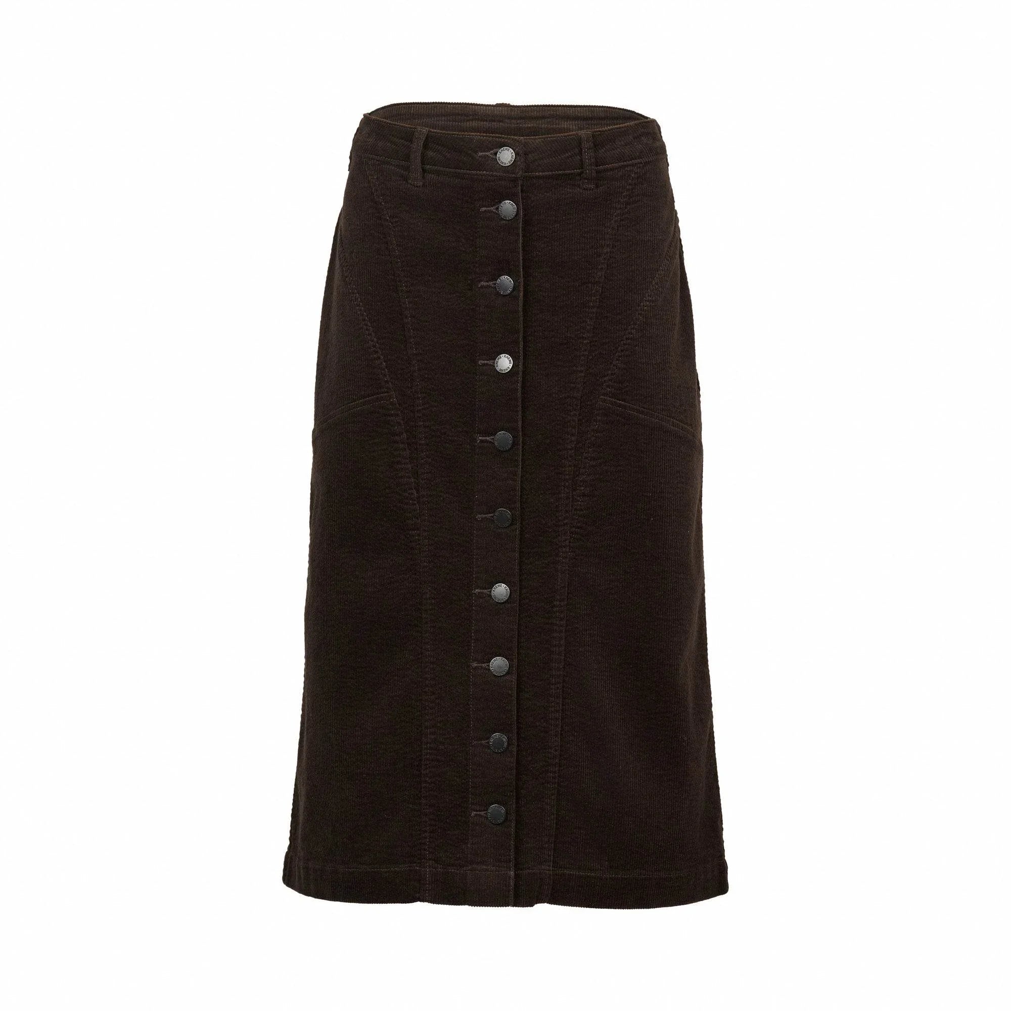 Black corduroy midi skirt with front button closure and belt loops on white background