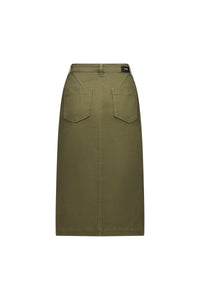 Back view of khaki midi skirt with two rear patch pockets, casual women’s fashion