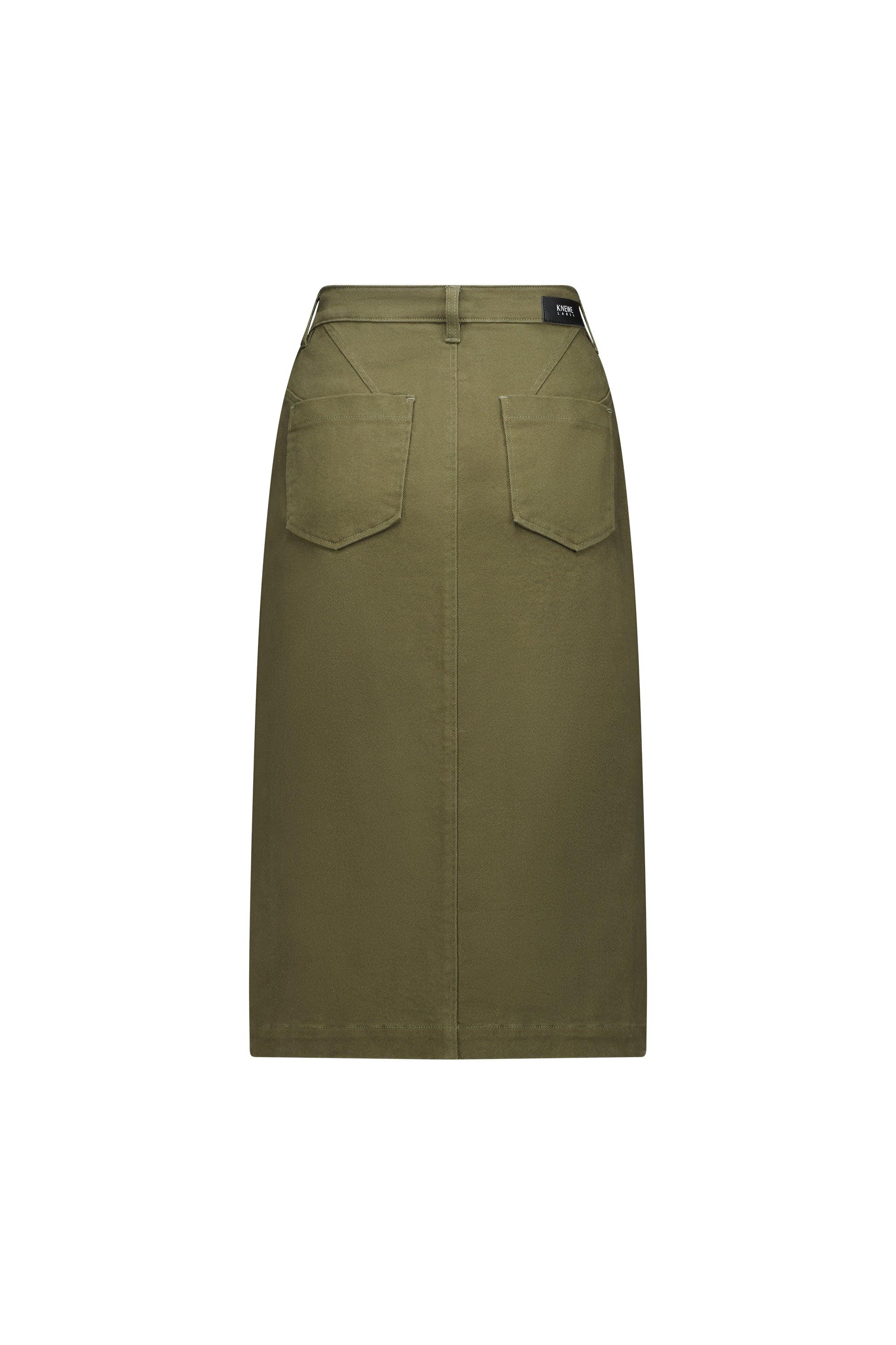 Back view of khaki midi skirt with two rear patch pockets, casual women’s fashion