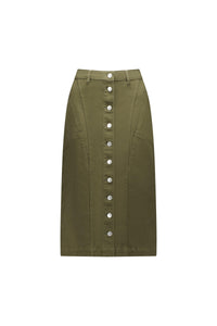Khaki midi skirt with front button detail and belt loops, contemporary women's fashion.