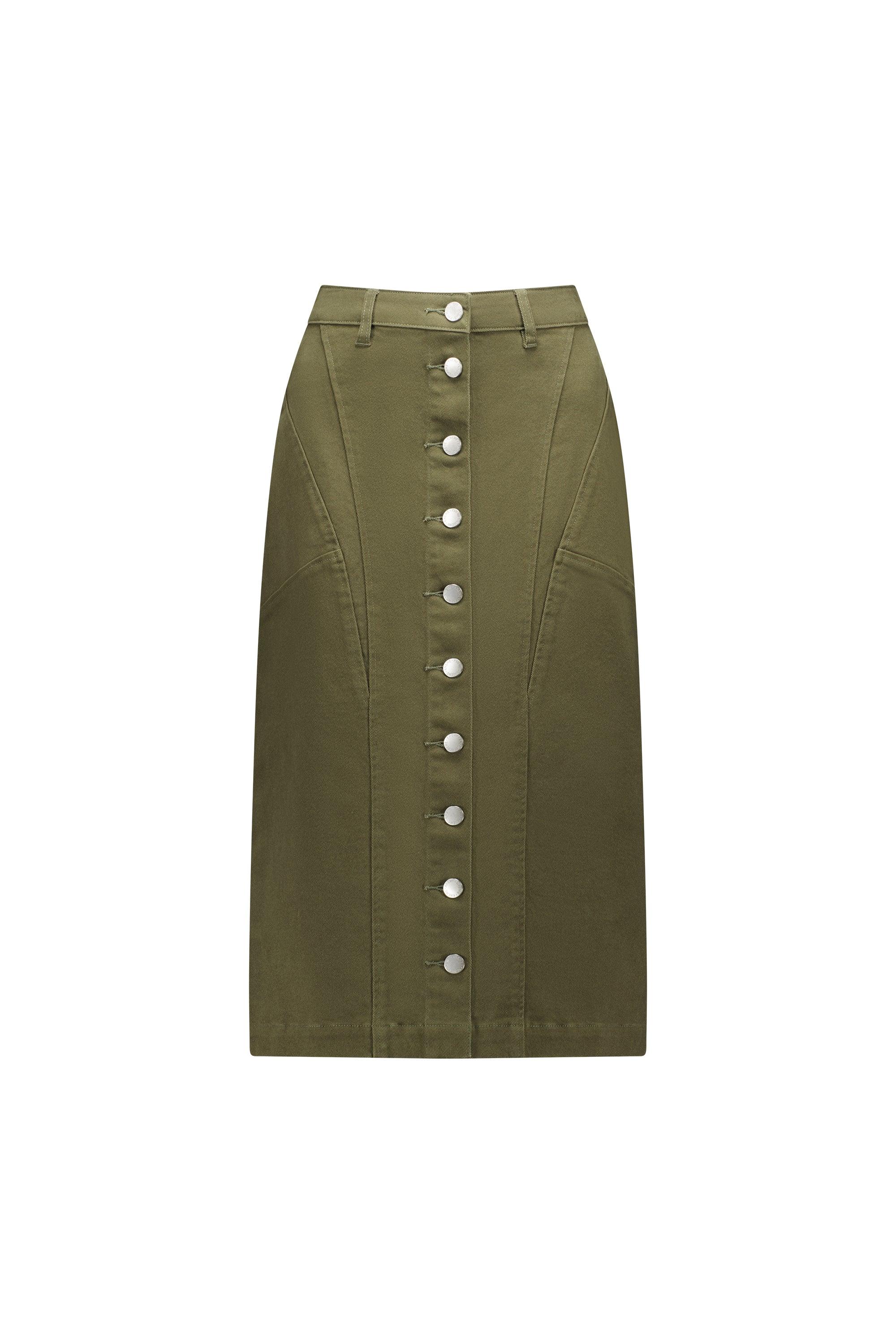Khaki midi skirt with front button detail and belt loops, contemporary women's fashion.