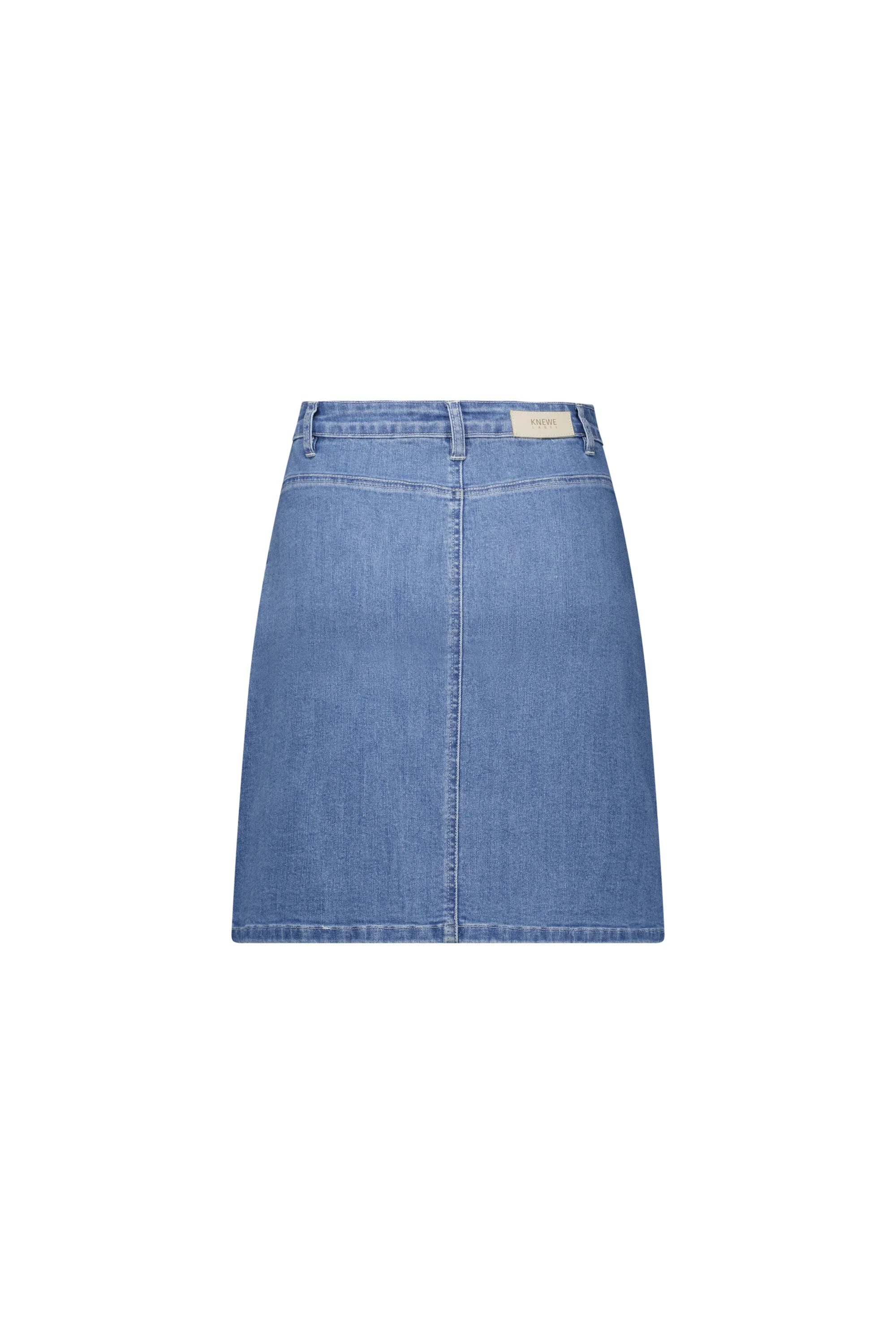 Back view of a palm blue denim mini skirt with belt loops and label tag
