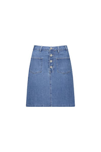 Front view of a blue denim A-line skirt with button-up front and large pockets