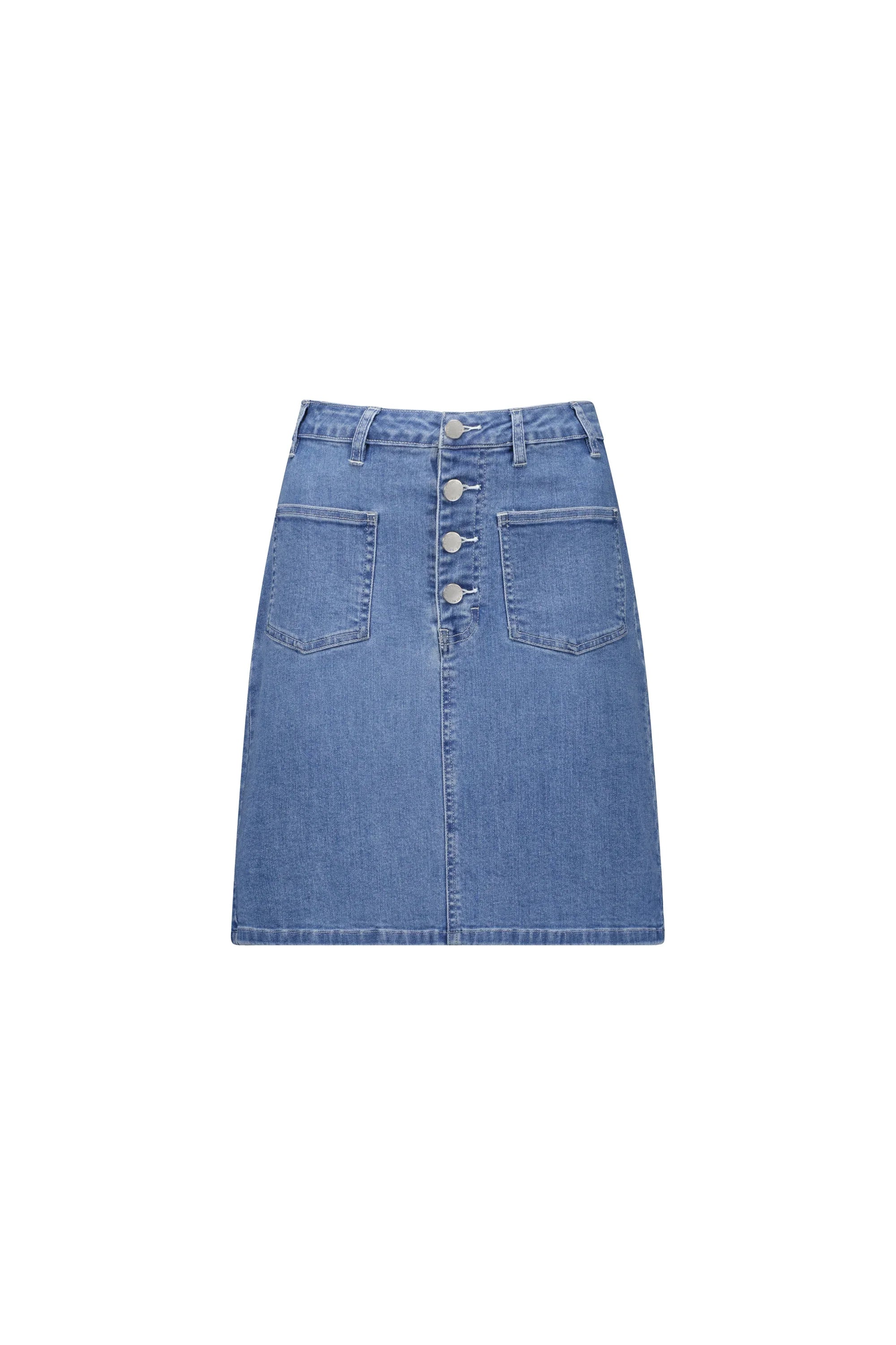 Front view of a blue denim A-line skirt with button-up front and large pockets