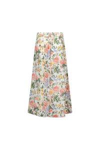 Back view of a midi floral skirt with pink, yellow, and blue flowers on white background