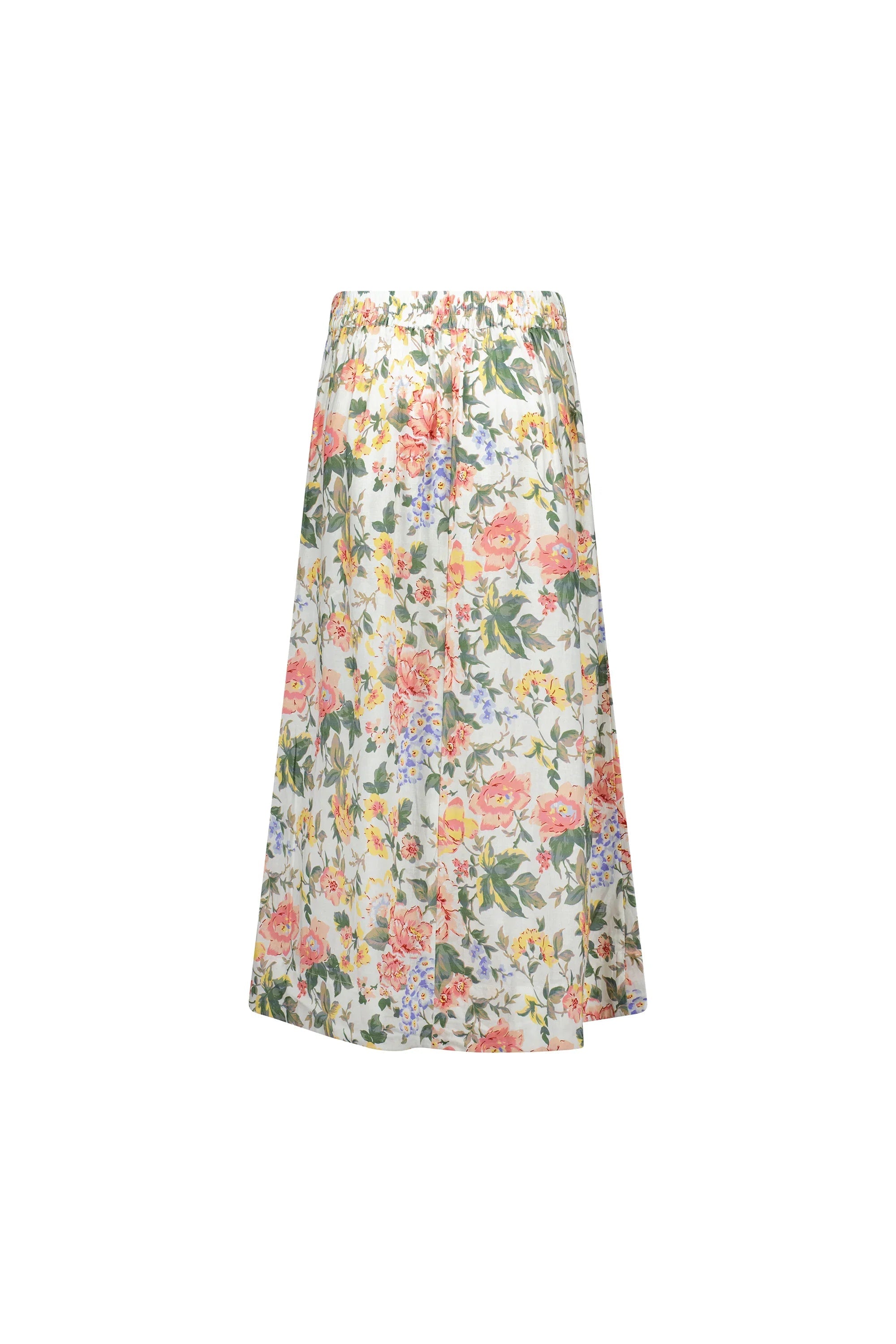 Back view of a midi floral skirt with pink, yellow, and blue flowers on white background