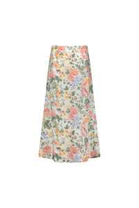A-line midi skirt with multicolored floral print on a white background, front view