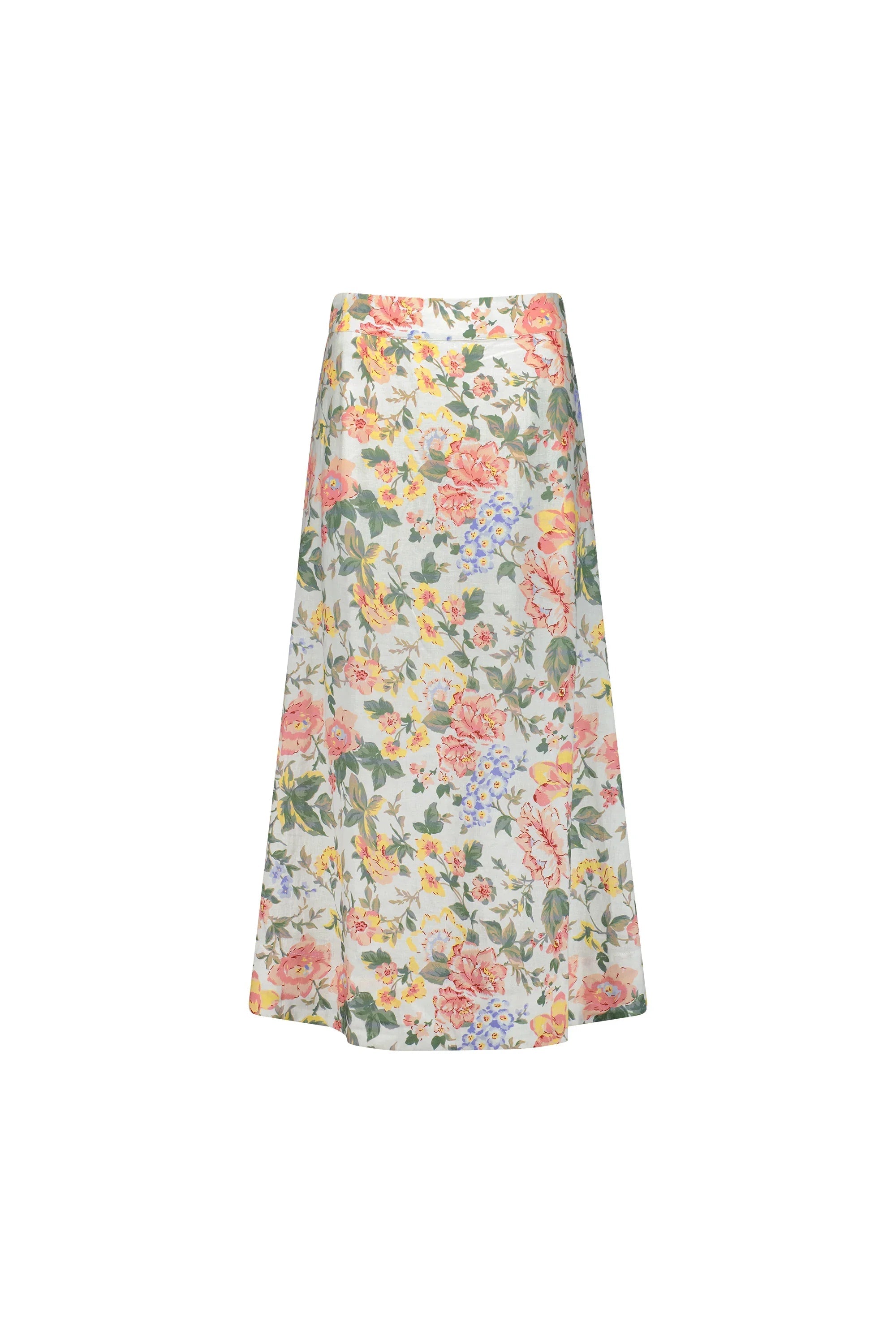 A-line midi skirt with multicolored floral print on a white background, front view
