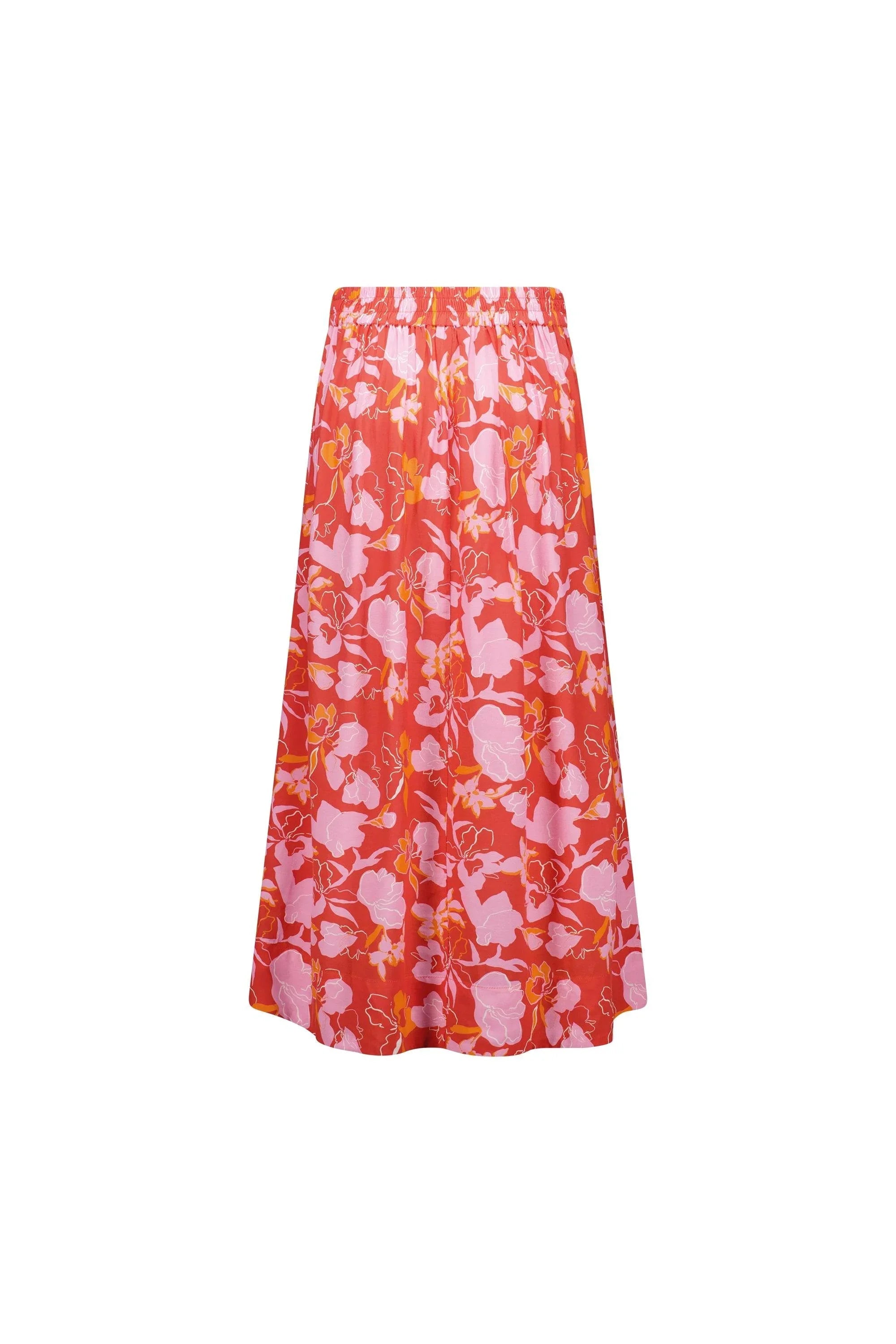 Red midi skirt with pink and yellow floral print, elastic waistband, fashion product photo