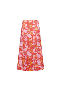 Coral floral midi skirt with pink and yellow flowers, A-line cut, isolated on white