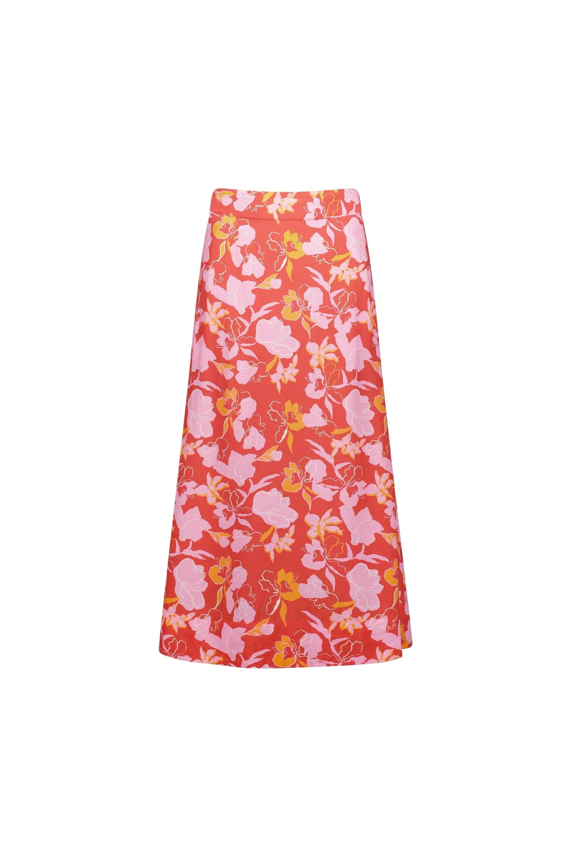 Coral floral midi skirt with pink and yellow flowers, A-line cut, isolated on white