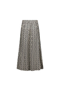 Black and white geometric print midi skirt with elastic waist, back view on white background