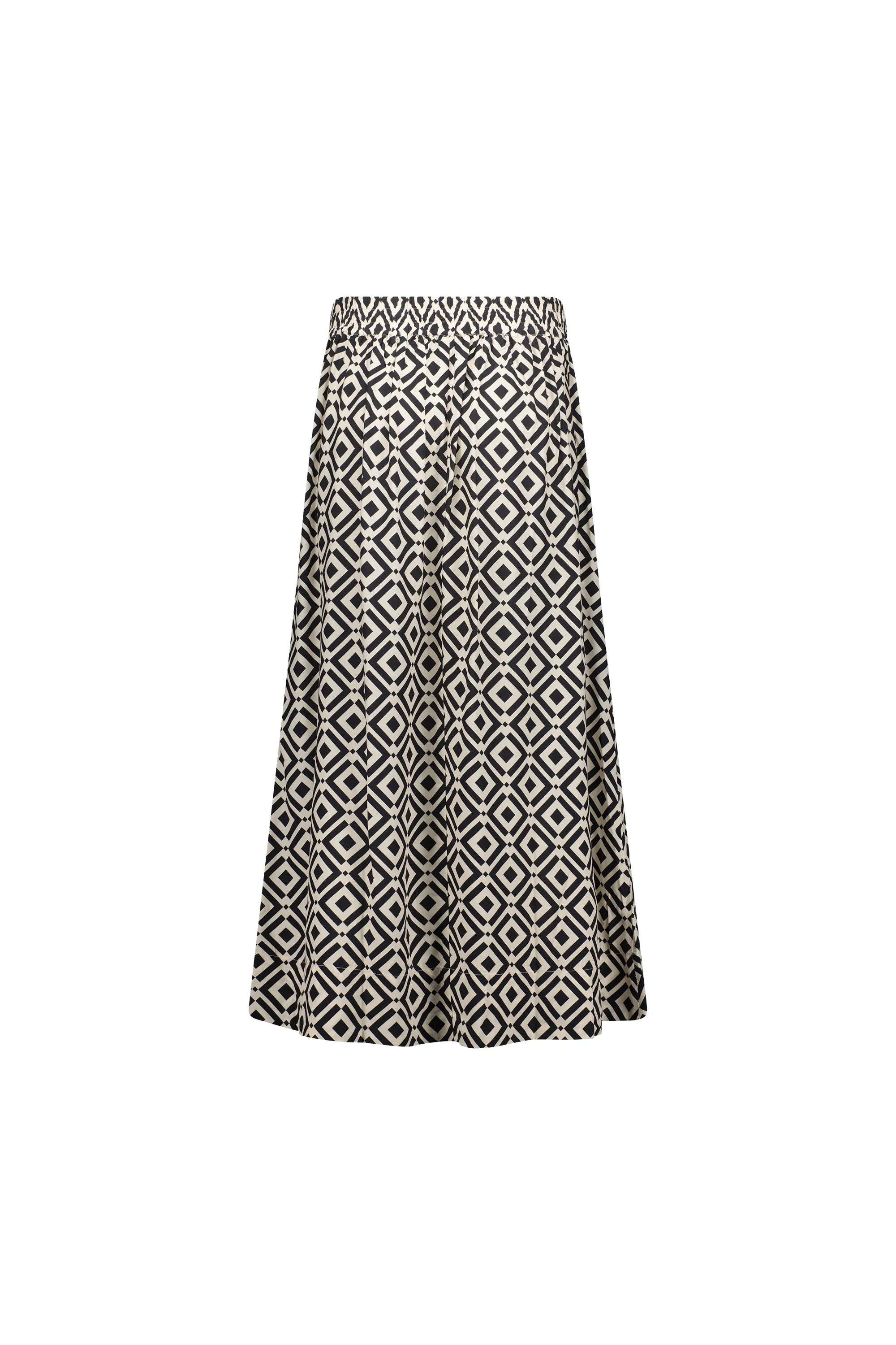 Black and white geometric print midi skirt with elastic waist, back view on white background