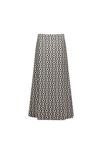 A-line skirt with black and white geometric diamond pattern on white background
