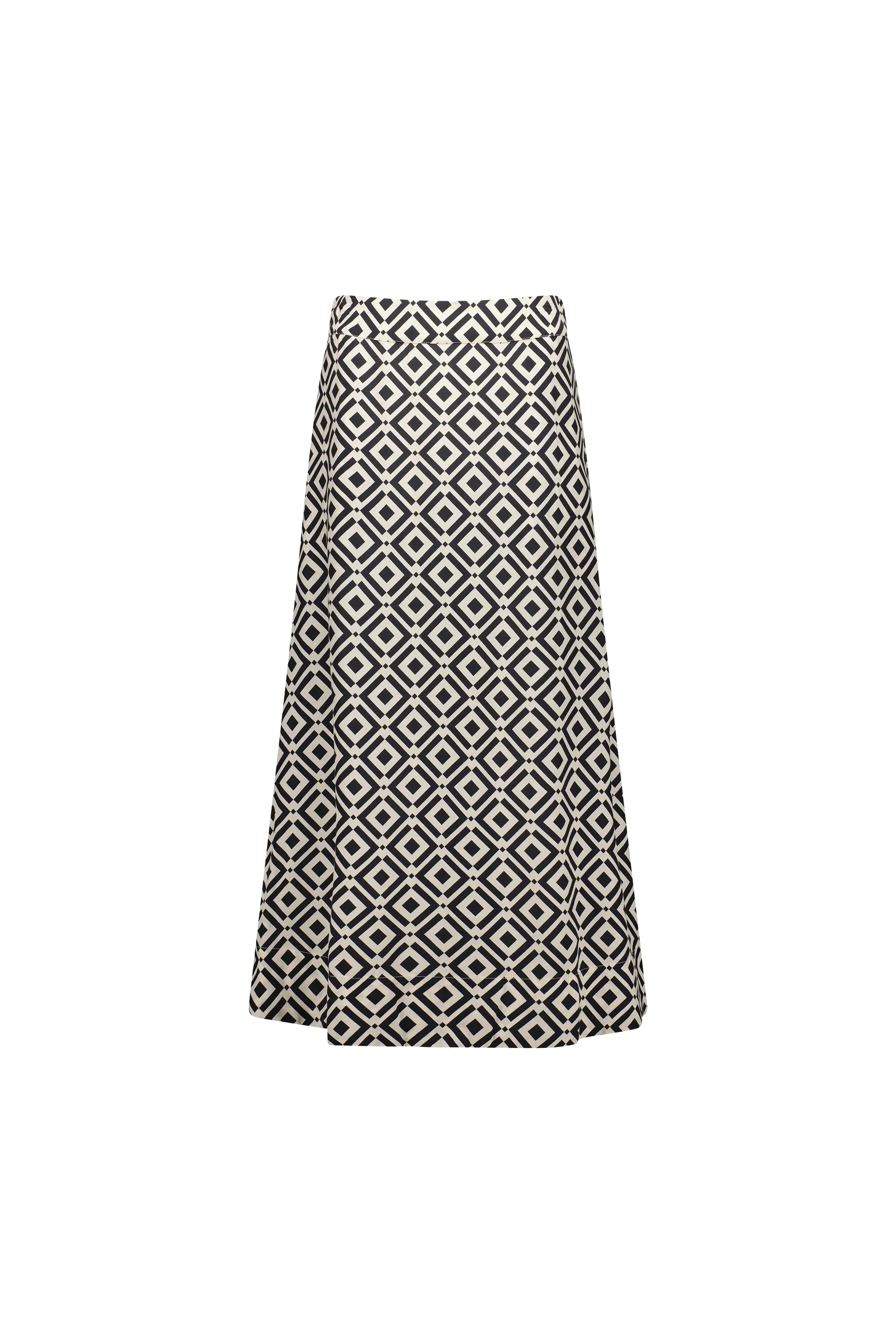 A-line skirt with black and white geometric diamond pattern on white background