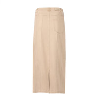 Back view of oat beige denim midi skirt with single rear pocket and back slit