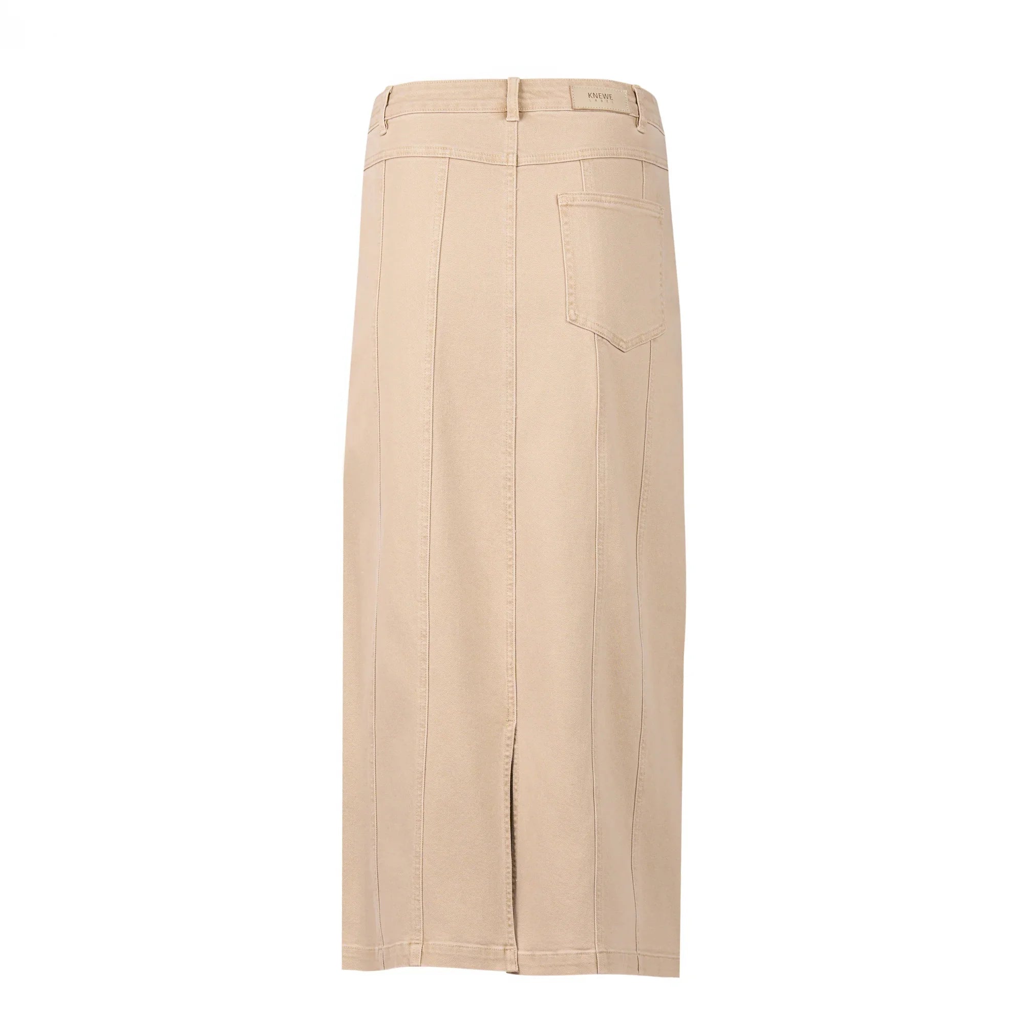 Back view of oat beige denim midi skirt with single rear pocket and back slit