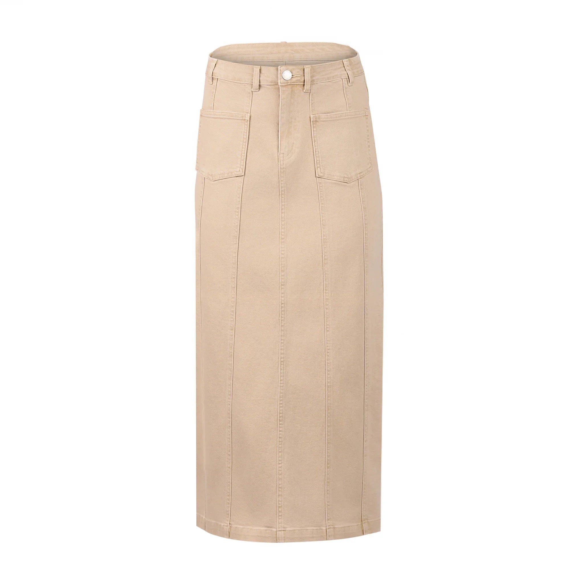 Oat-coloured denim midi skirt with front pockets and seam detailing, isolated on white background