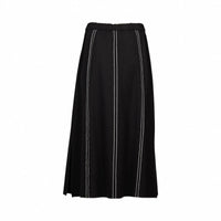 Black midi skirt with white vertical pinstripes, elastic waistband, contemporary fashion