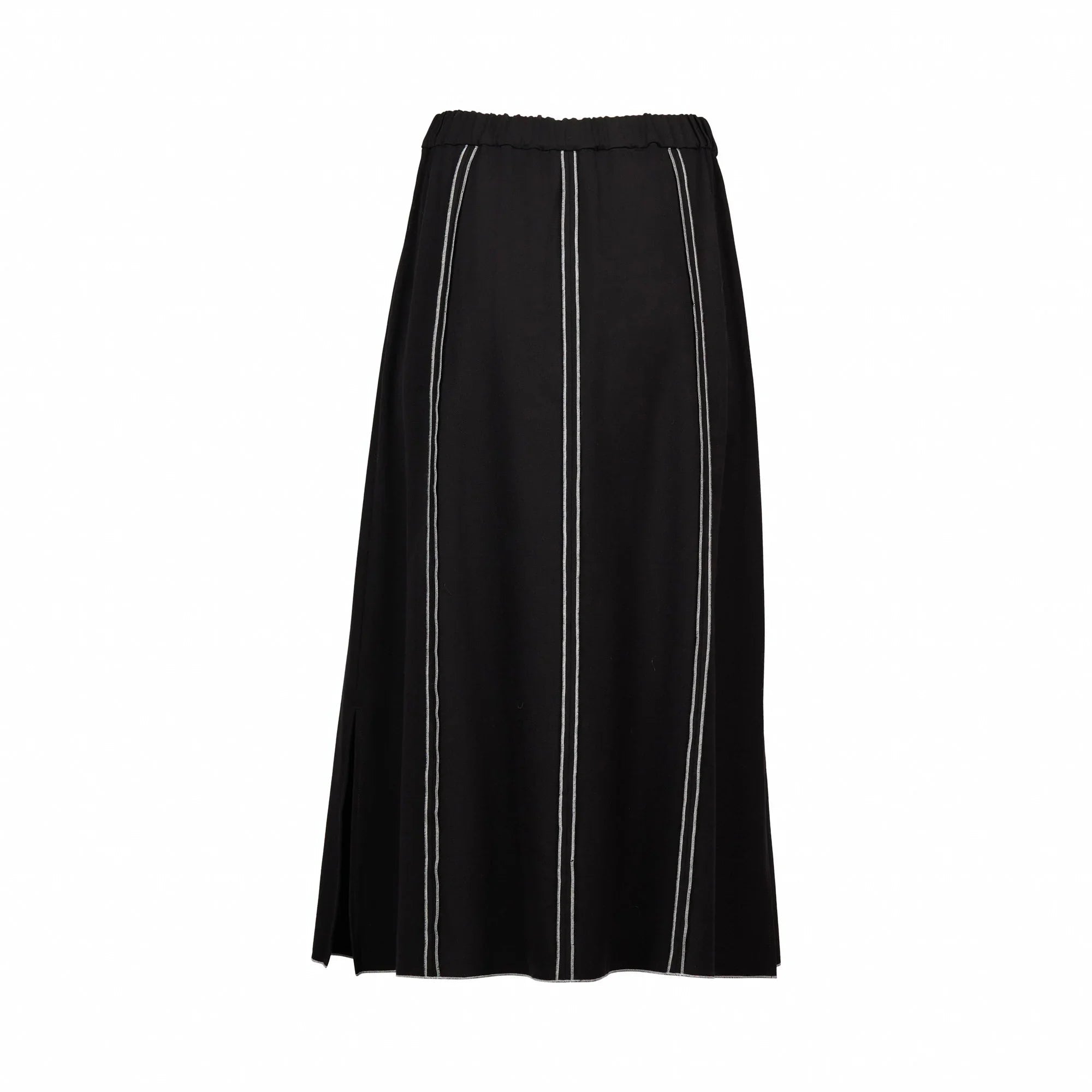 Black midi skirt with white vertical pinstripes, elastic waistband, contemporary fashion