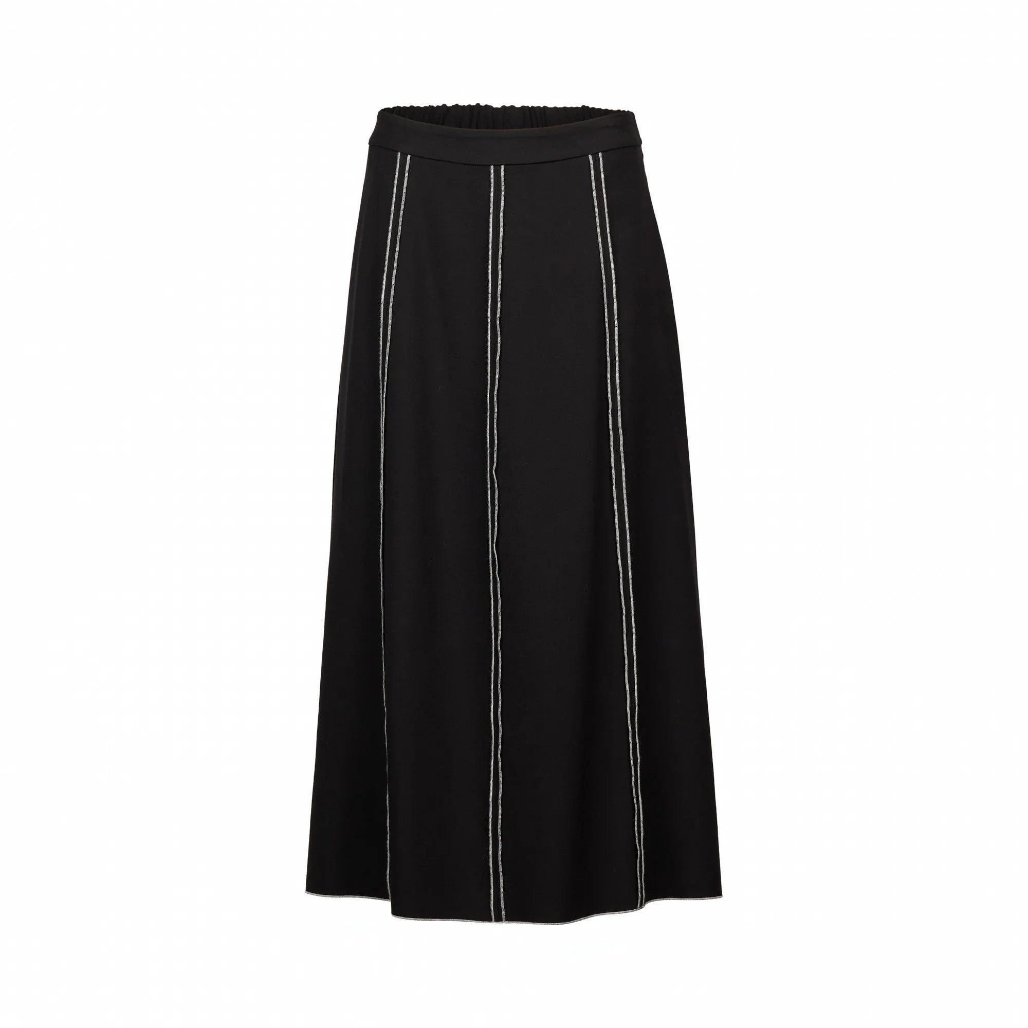 Black A-line knit midi skirt with vertical white contrast stitch details