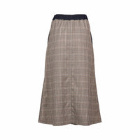 Back view of a midi-length check skirt with black elastic waistband on white background.