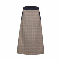 A-line midi skirt with brown and black check pattern, black waistband and side panels.