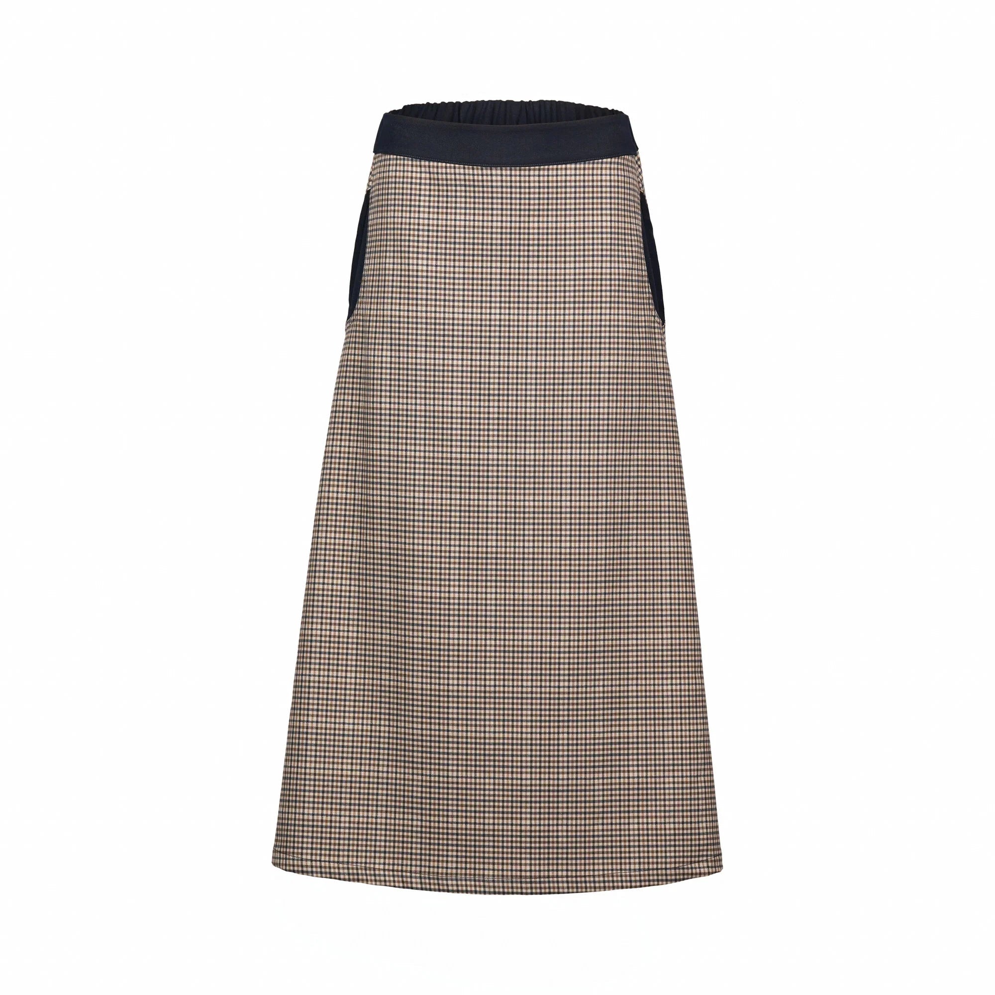 A-line midi skirt with brown and black check pattern, black waistband and side panels.