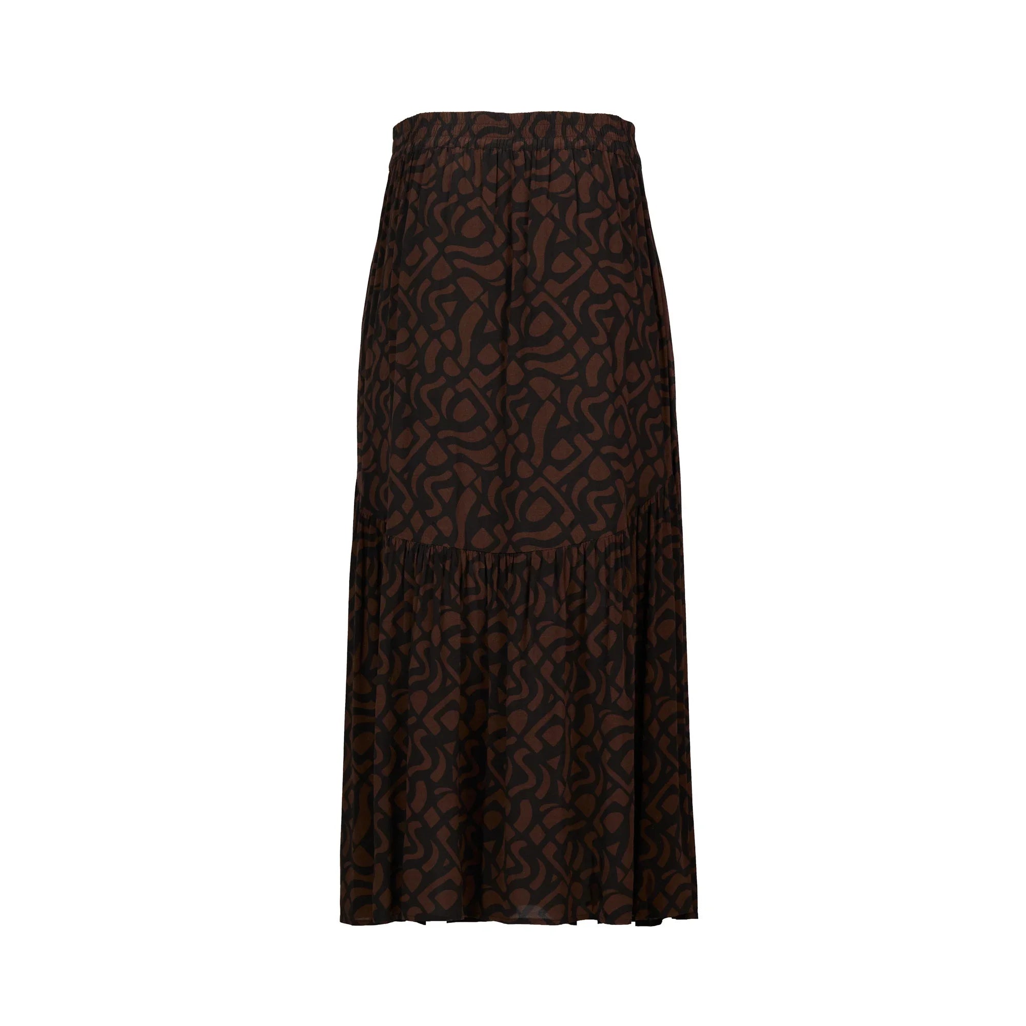Back view of mocha brown midi skirt with abstract black print and gathered hem
