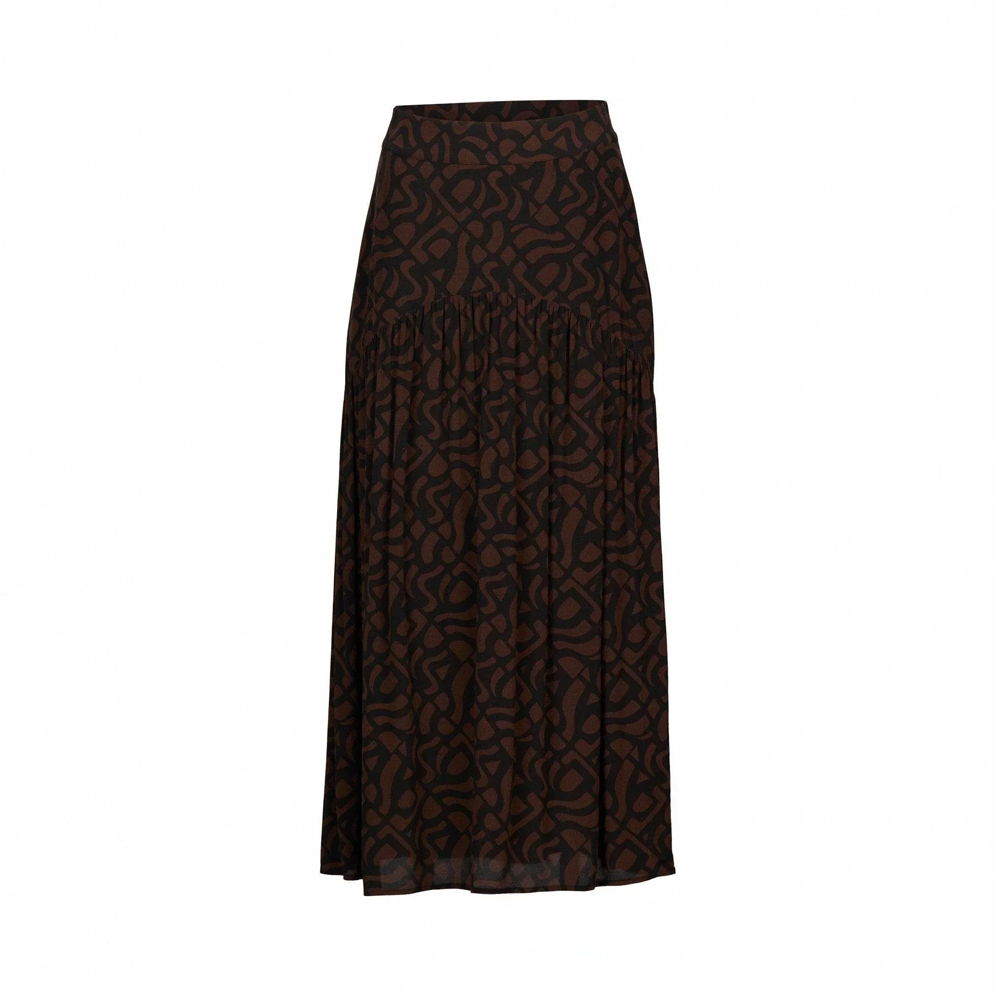 Mocha brown maxi skirt with abstract black pattern and gathered waist, contemporary style