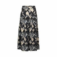 Black and cream abstract print midi skirt with high waist and flowy silhouette on white background
