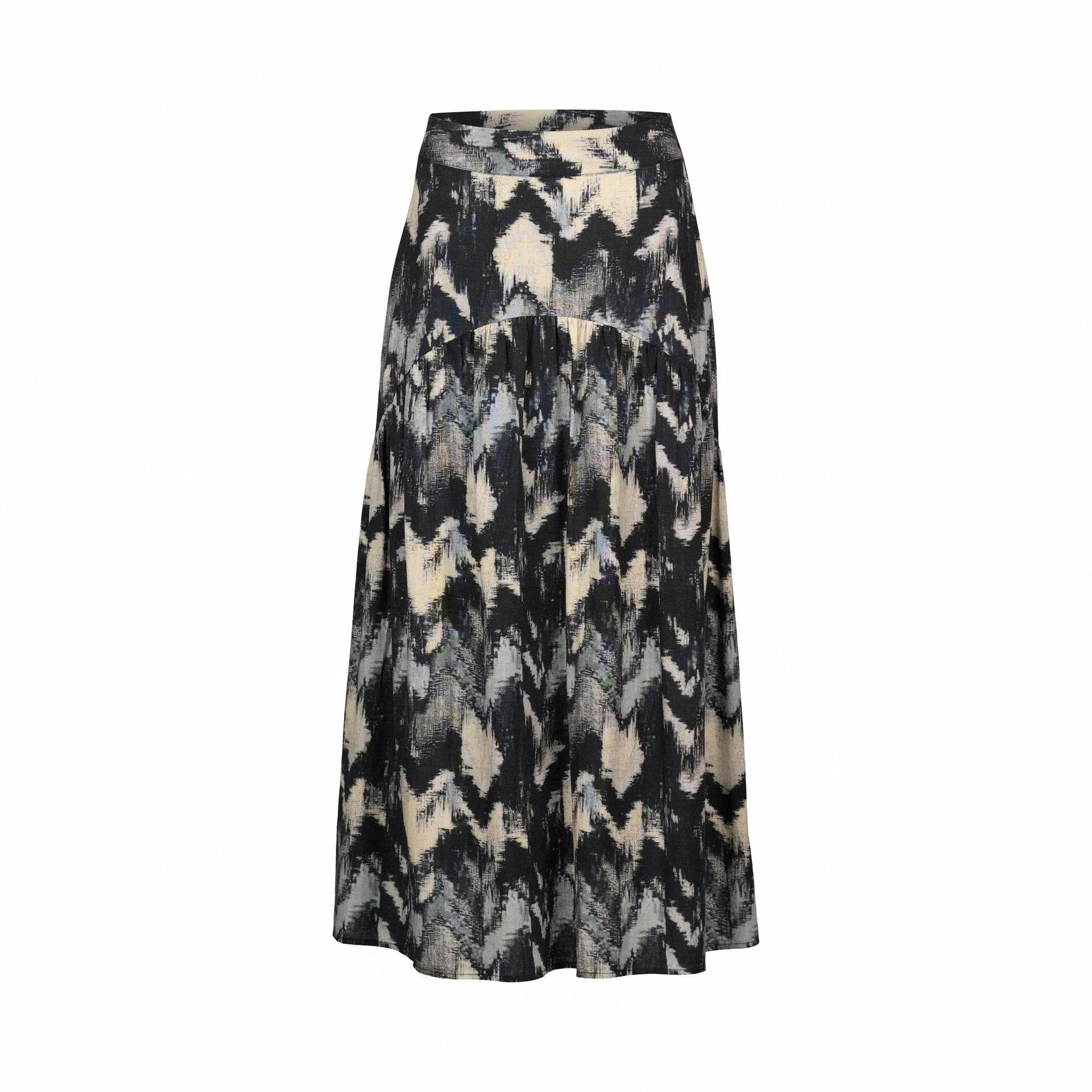 Black and cream abstract print midi skirt with high waist and flowy silhouette on white background