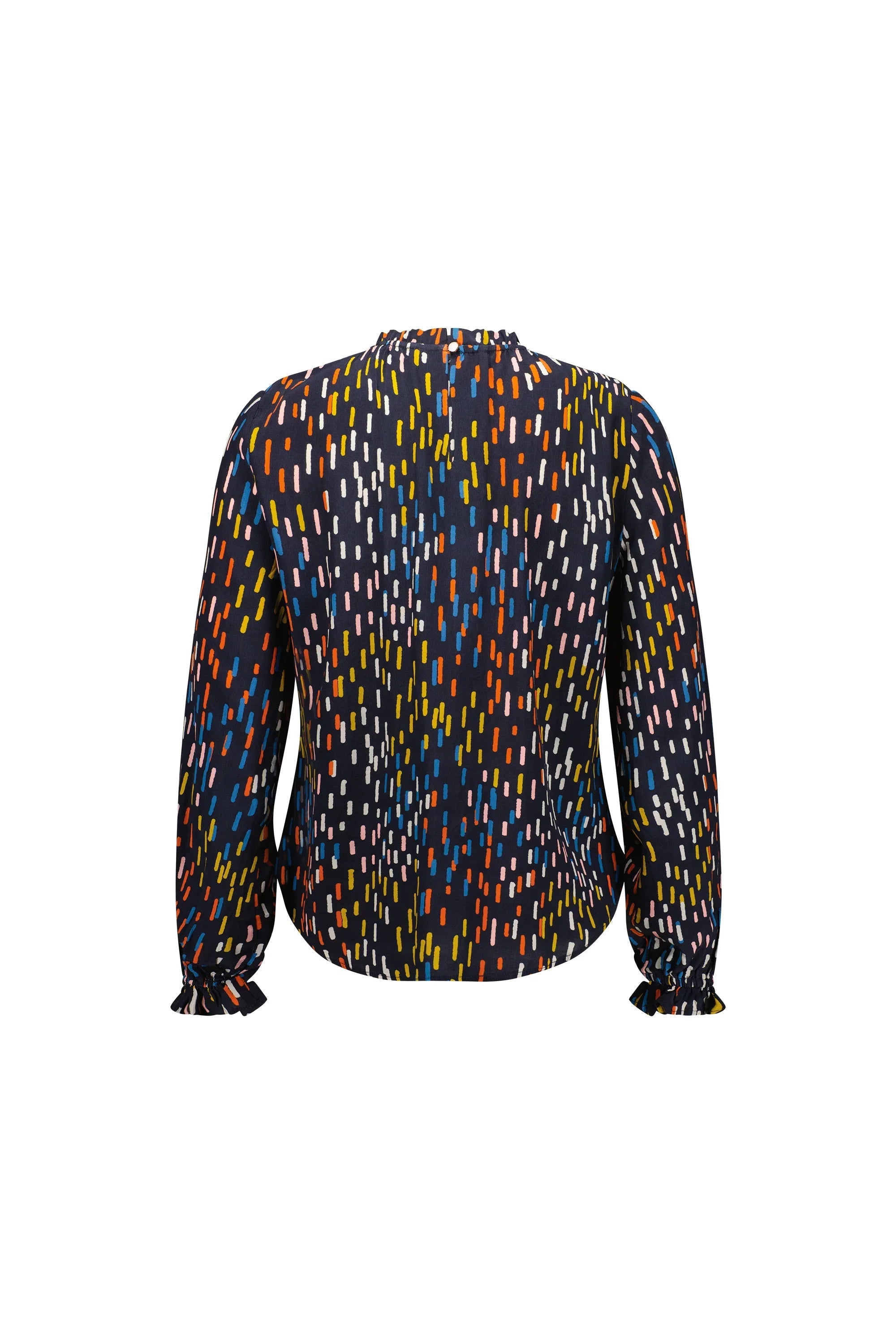 Back view of a long sleeve blouse with colorful abstract dash print on dark fabric