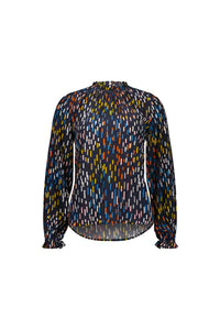 Long sleeve blouse with high neckline, colorful dash print on navy background, gathered cuffs
